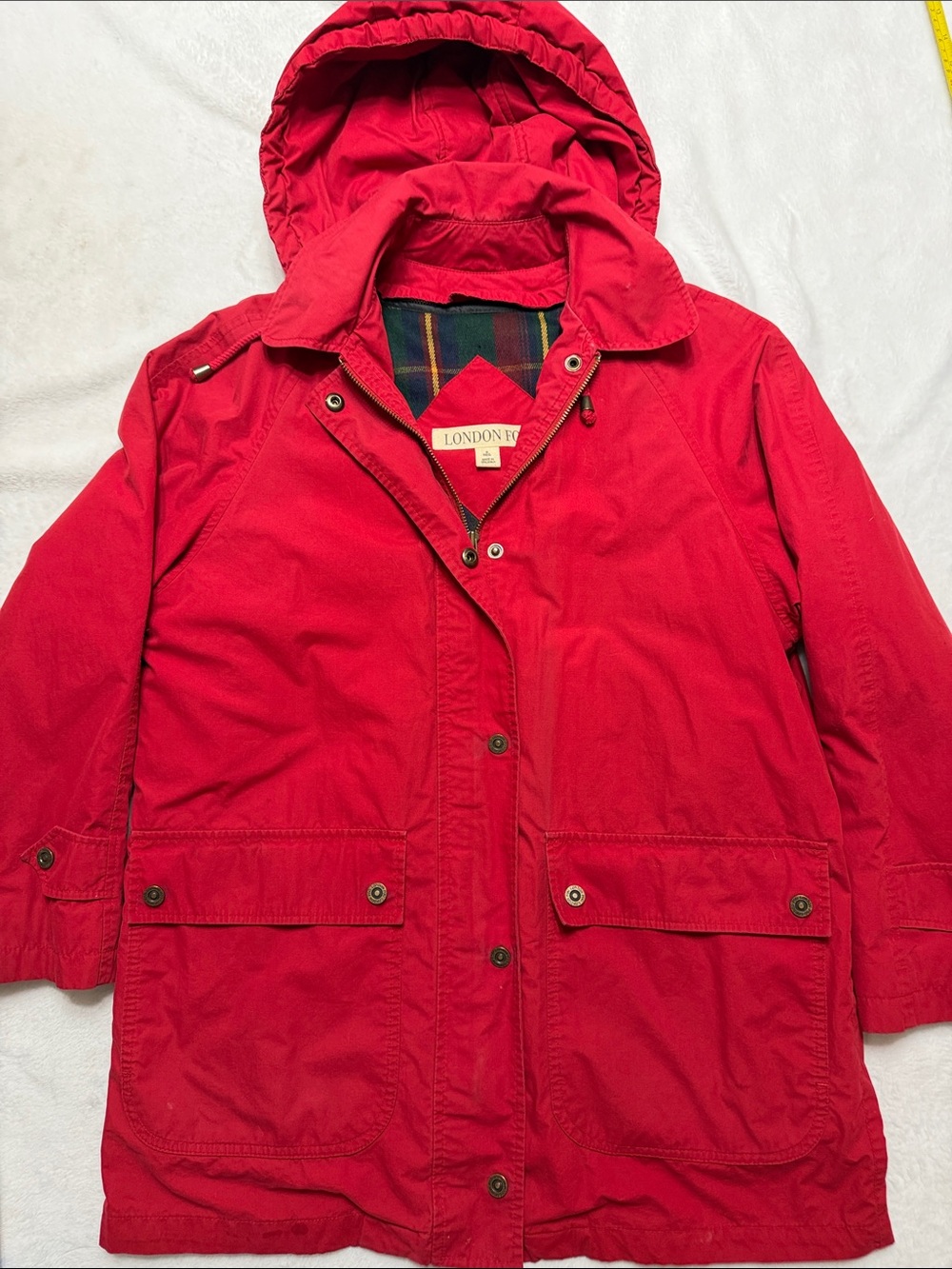 London Fog Red Hooded Trench Coat with Plaid Lining